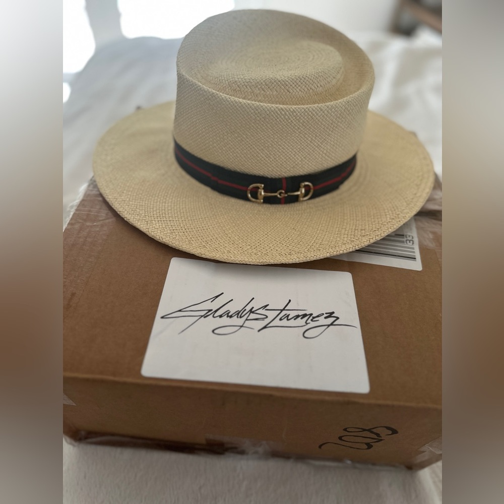 Women's Beige Straw Hat with Black and Red Band